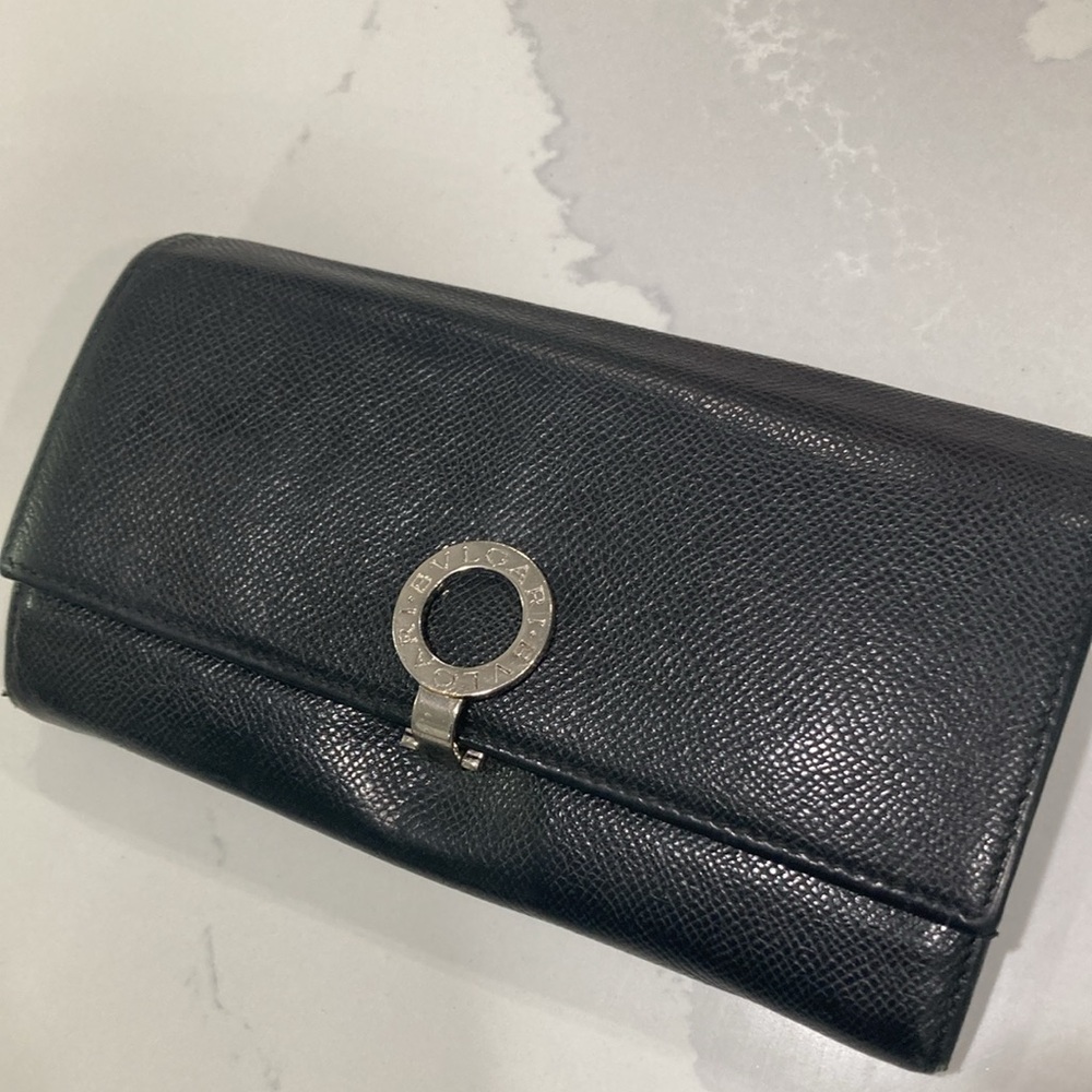 Bvlgari Black Leather Flap Continental Wallet
